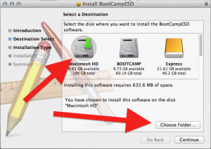 Image of OS X Installer step where you can choose the folder to install to