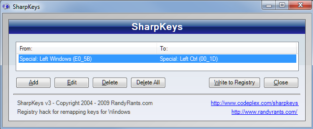 Sharp Keys: Map just the left Windows key to Control key