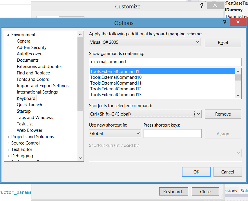 Visual Studio Customize Keyboard Tools.ExternalCommandX Dialog Box