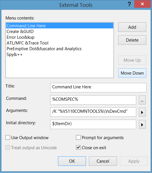 Visual Studio External Tools Command Line Here VS2012 Dialog Box