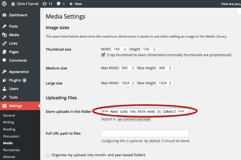 WordPress Settings Media Upload Path