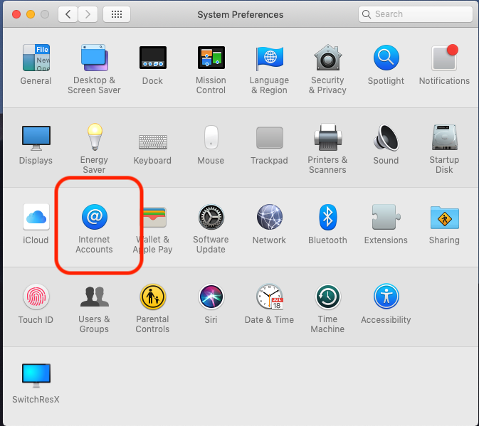 MacOs System Preferences with “Internet Accounts” Highlighted