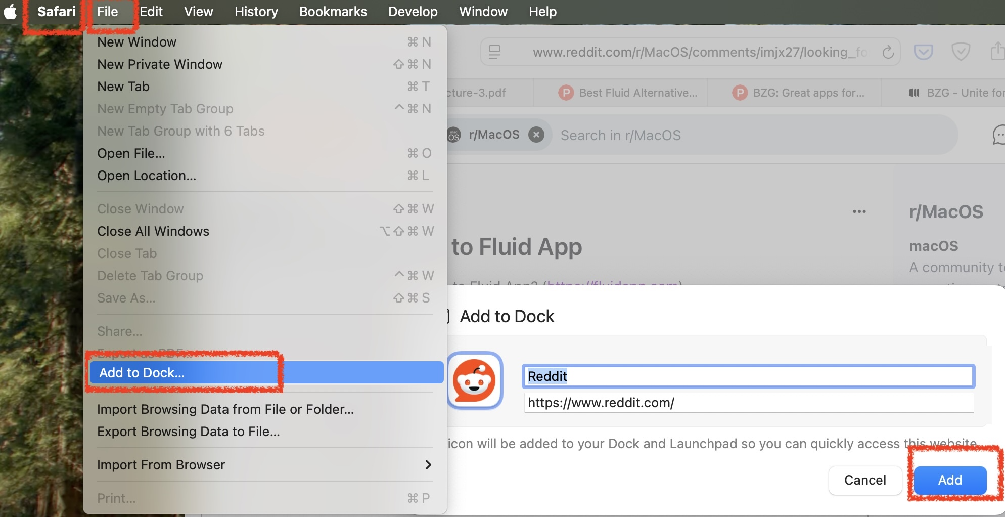 Safari browser | File menu | Add to Dock... Dialog