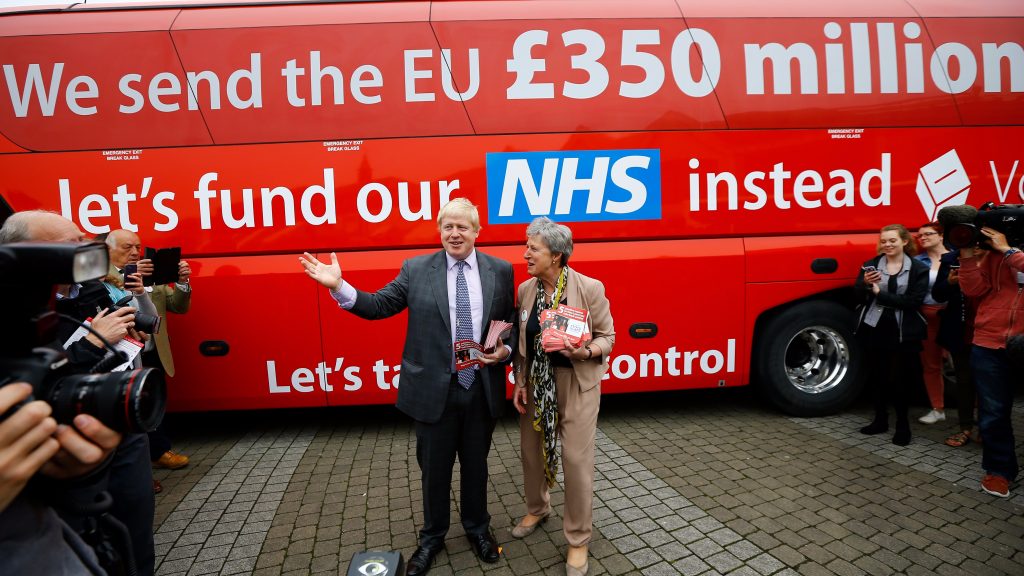 Boris Johnson stands in front of the bus with the lie about £350million